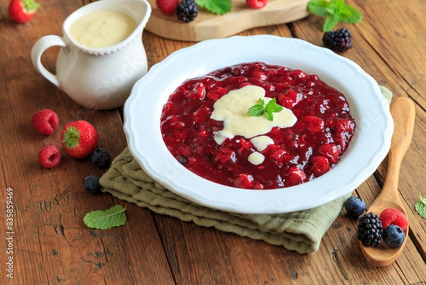 Obraz Rote Grütze mit Vanillesoße