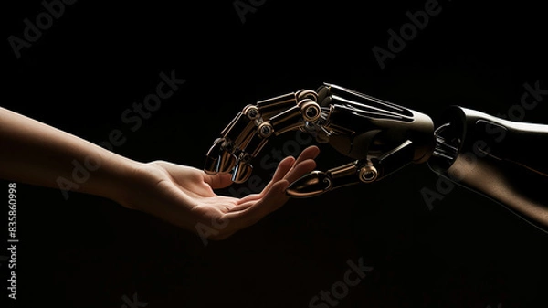Obraz Human and robot hands reaching out, AI, Machine learning, Robot and human touching on big data, Science and artificial intelligence digital technologies of futuristic