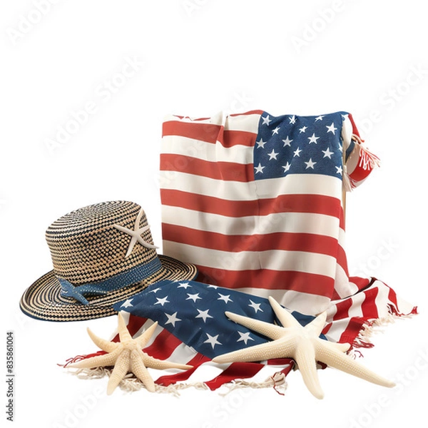 Obraz A straw hat with a starfish, starfish, and an American flag draped over a wooden surface.