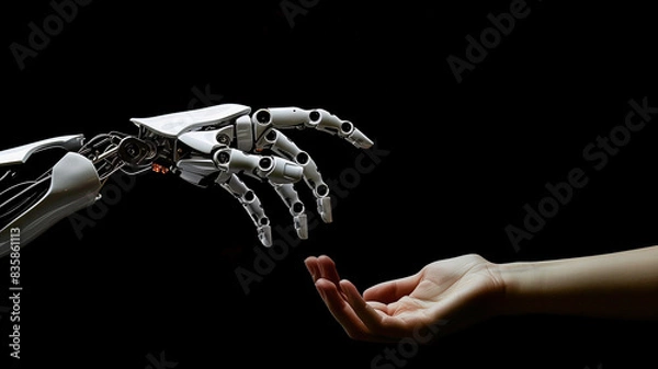 Obraz Human and robot hands reaching out, AI, Machine learning, Robot and human touching on big data, Science and artificial intelligence digital technologies of futuristic