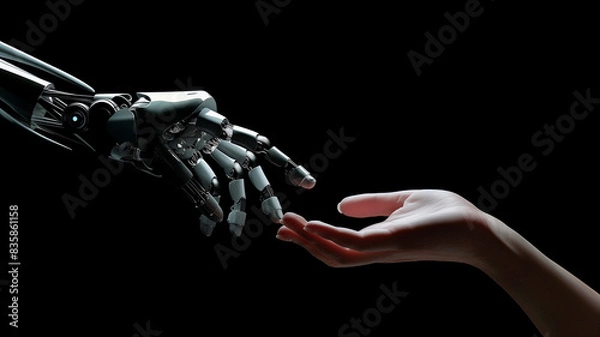 Fototapeta Human and robot hands reaching out, AI, Machine learning, Robot and human touching on big data, Science and artificial intelligence digital technologies of futuristic