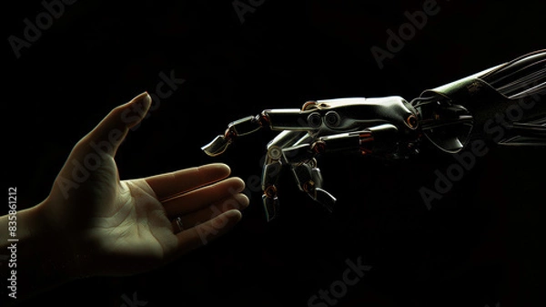 Obraz Human and robot hands reaching out, AI, Machine learning, Robot and human touching on big data, Science and artificial intelligence digital technologies of futuristic
