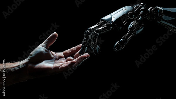 Obraz Human and robot hands reaching out, AI, Machine learning, Robot and human touching on big data, Science and artificial intelligence digital technologies of futuristic
