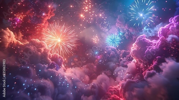 Fototapeta Freedom Fireworks show, night sky illuminated, celebrating freedom, special finale display, vibrant colors, realistic illustration