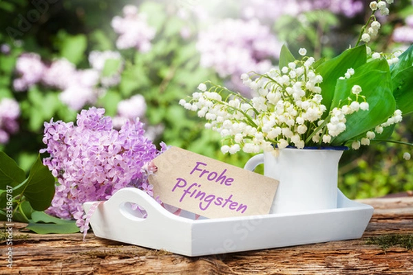 Fototapeta Frohe Pfingsten, Flieder und Maiglöckchen