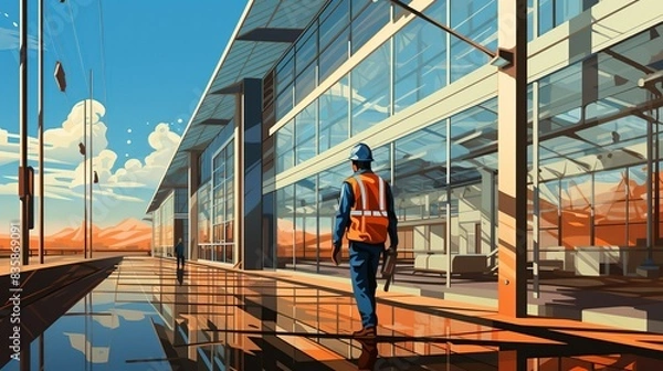 Fototapeta A delighted technician in a hard hat and reflective gear walks through a newly constructed building, inspecting final touches with a sense of pride and accomplishment. Painting Illustration style,