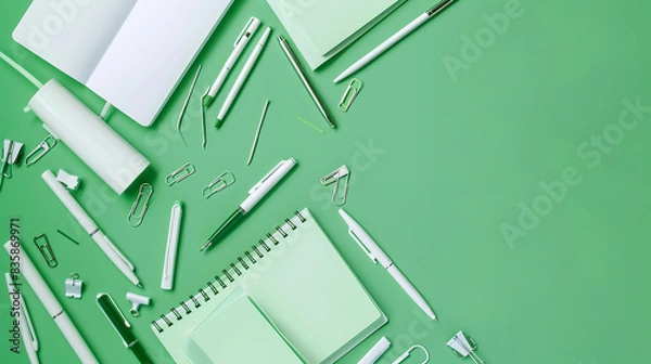 Obraz A collection of sleek, modern blanc stationery including notebooks, pens, and paper clips, scattered randomly on a solid green backdrop