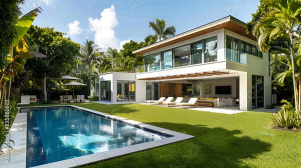 Obraz Backyard of a modern house with swimming pool, artificial grass, trees and chairs,The modern facade of a luxury villa with a large swimming pool