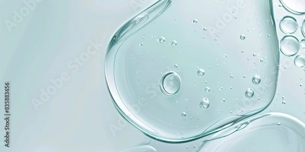 Fototapeta Transparent hyaluronic acid gel texture with visible air bubbles, set against a light blue background. The image emphasizes hydration and skincare