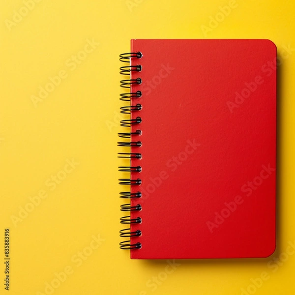 Obraz A red notebook placed in the top right corner of a solid yellow background, ready for taking notes.