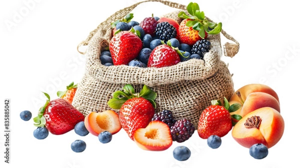 Fototapeta transparent,png,A variety of fresh berries and fruits spilling out of a rustic bag, including strawberries, blueberries, blackberries, and peaches on a white background.