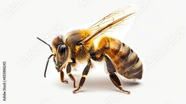 Fototapeta A clear, high-resolution image of a honeybee's profile, with its stinger and legs clearly visible against a white backdrop
