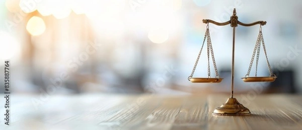 Fototapeta Golden scale of justice on wooden table with blurred background, symbolizing law, equality, and fairness in legal matters.
