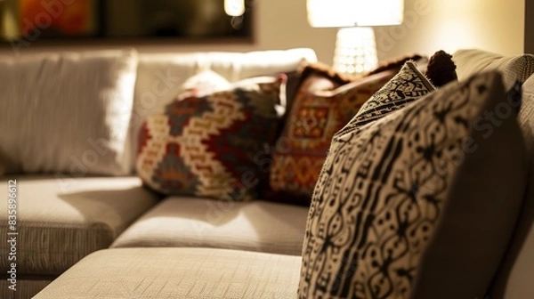 Fototapeta Relaxing family room, close-up on soft sectional with patterned throw pillows, warm indirect lighting 