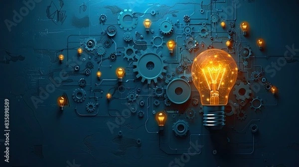 Fototapeta A background featuring a light bulb and gears, symbolizing innovation, creativity, and problem-solving.