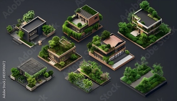 Fototapeta 3d isometric illustrations of ecofriendly building with greenery on the roof