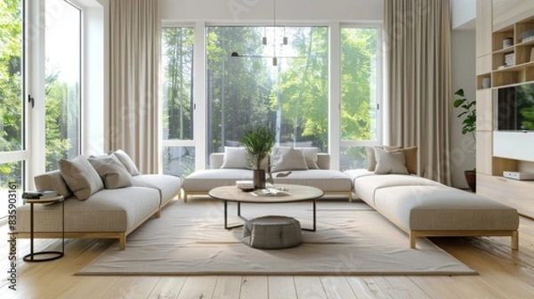 Fototapeta A modern living room with sleek, minimalist furniture, neutral color scheme, and large windows letting in natural light --ar 16:9 --style raw Job ID: f4b985ea-e6a5-4c66-b908-5d5c9e73f3bc