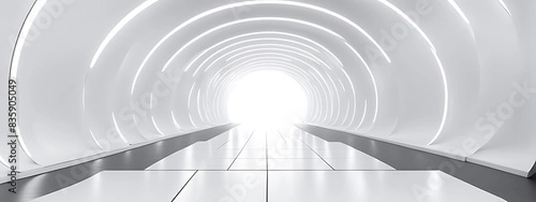 Fototapeta White Background 3D Room with Light Abstract Space. Technology Tunnel Stage Floor. Empty White Future 3D Neon Background Studio. Futuristic Corridor, Modern Interior, Silver Road, Black Wall Design.