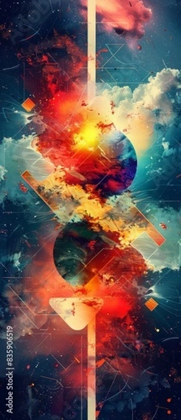 Fototapeta A colorful abstract painting of two planets with a red line in the middle