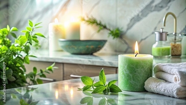 Fototapeta Spa setting with candles and greenery.