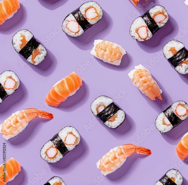 Fototapeta Top view on classic sushi rolls pattern. Asian food restaurant delivery, platter set on white background