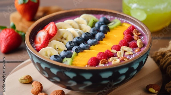 Fototapeta Colorful smoothie with fresh fruits and nuts