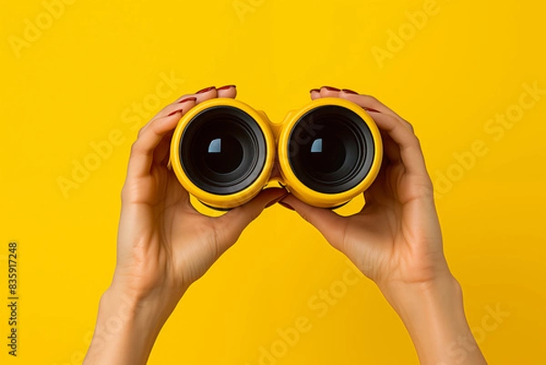 Obraz Female hands holding binoculars on a yellow background, representing exploration and curiosity concept. Generative AI