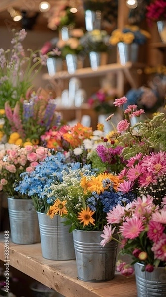 Obraz Flower Shop with DIY Bouquet Station and Fresh Flowers in Rustic Buckets Retail and Shopping Experience Concept with Copy Space