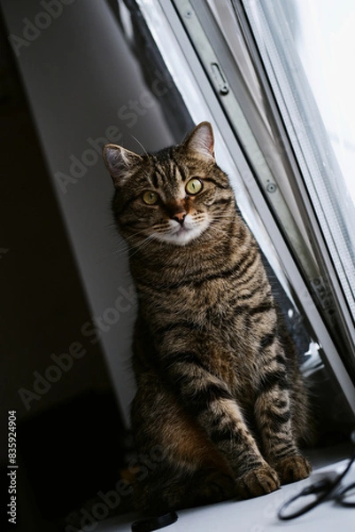 Fototapeta an adult beautiful tabby domestic cat sits on the windowsill and looks out the window, straight into the camera. cat close-up. pet sitting by the window
