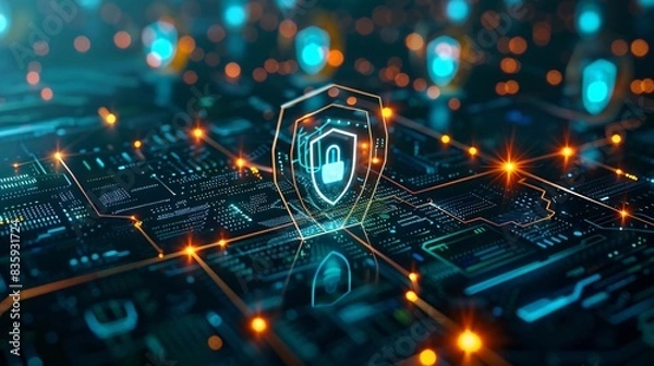 Fototapeta Digital fortress shielding a web of devices from cyber threats, with a futuristic resonance