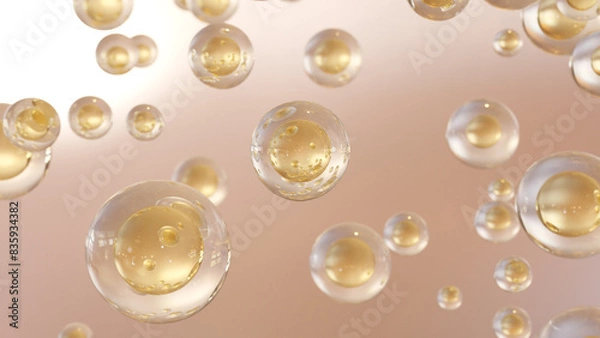 Fototapeta 3D animation Cosmetics many atoms floating in the water. Particles inside a liquid bubble, cosmetic essence, and a liquid bubble on a background of water.