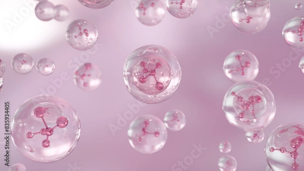 Fototapeta 3D cosmetic rendering Pink Bubbles of serum on a fuzzy background. Design of collagen bubbles. The concept for Moisturizing Cream and Serum.