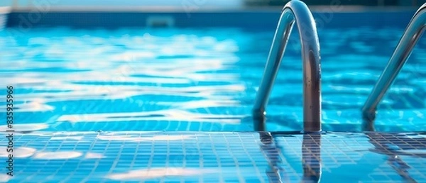 Fototapeta Close-up of a swimming pool with a metal ladder reflecting in the clear blue water, inviting for a refreshing dip on a sunny day.