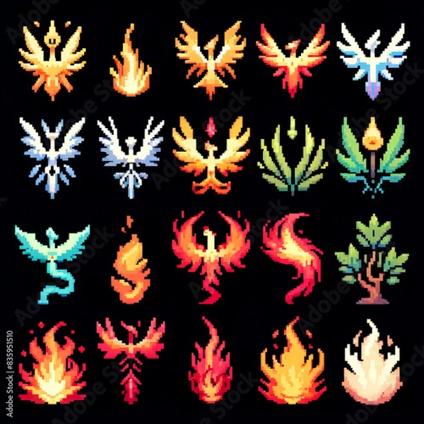 Fototapeta Pixel Art RPG Icons Set with Phoenix Flames