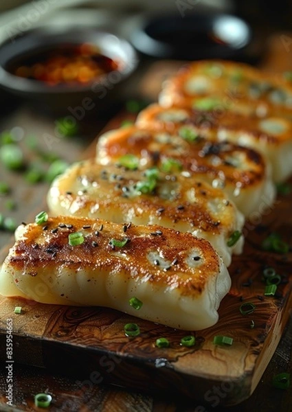Fototapeta Gyoza - Japanese dumplings filled with meat and vegetables, served with dipping sauce.