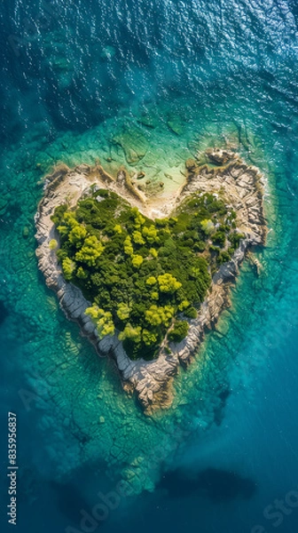 Fototapeta Cupid's Creation: Aerial Perspective of a Perfect Heart-Shaped Island,generated by IA