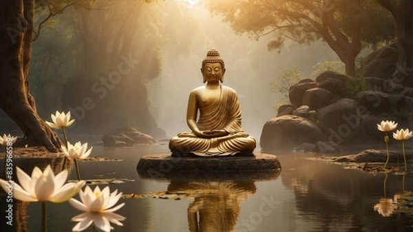 Fototapeta serene and profound beauty of Buddhism, emphasizing its principles of peace, mindfulness, and enlightenment. The scene should be set in a tranquil, natural environment, such as a lush forest or a sere