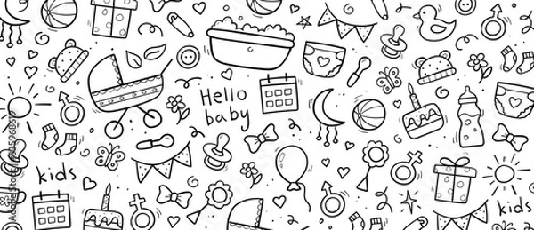 Obraz Hand drawn horizontal background of baby objects and elements. Simple wallpaper template design. Vector illustration.