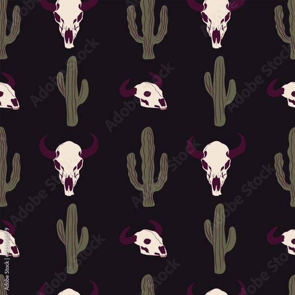 Fototapeta Wild west dark ornament. Vector seamless pattern with buffalo skulls and cacti.