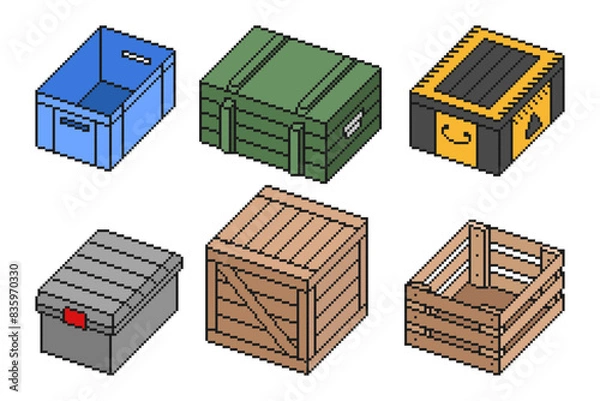 Fototapeta Set of Boxes Isometric in Pixel Style. Cargo transportation. Vector illustration