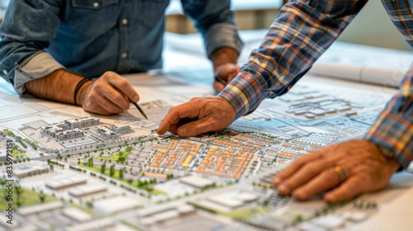 Fototapeta Developers and investors review blueprints for mixed-use projects in master plans.