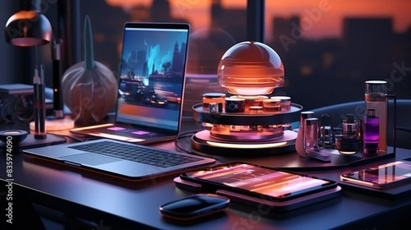 Fototapeta An array of advanced gadgets neatly arranged on a futuristic table, showcasing the latest in consumer electronics. Painting Illustration style, Minimal and Simple,