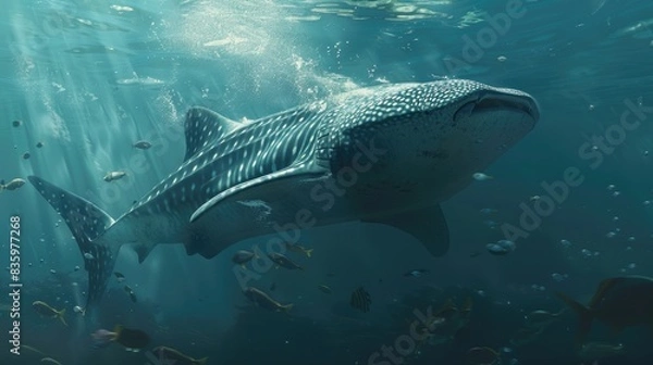 Fototapeta A whale shark gliding peacefully through warm, clear waters, its enormous size and gentle nature visible among smaller fish