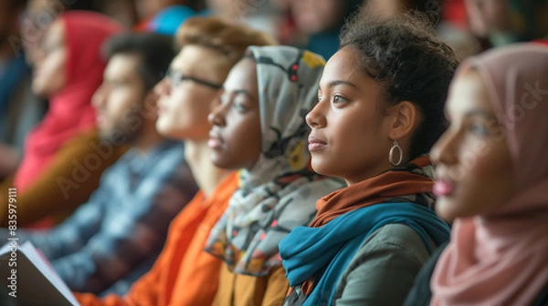 Fototapeta Attentive Diverse Students Listening to Lecture in University Auditorium