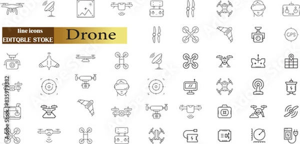 Fototapeta Drone, Quadrocopter line icons set. Fast delivery, remote control, propeller, city map navigation, action camera, radar screen, radio antenna