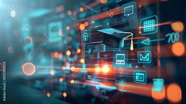 Obraz digital education concept with icons of computer, graduation cap and school board on blurred background. Digital learning online system for distance education or futuristic new AI technology