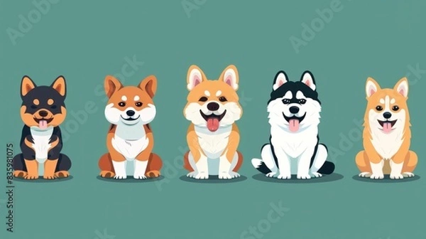 Fototapeta Delightful Cartoon Dogs in a Row: Shiba Inus and Huskies Full of Joy and Color, Generative ai