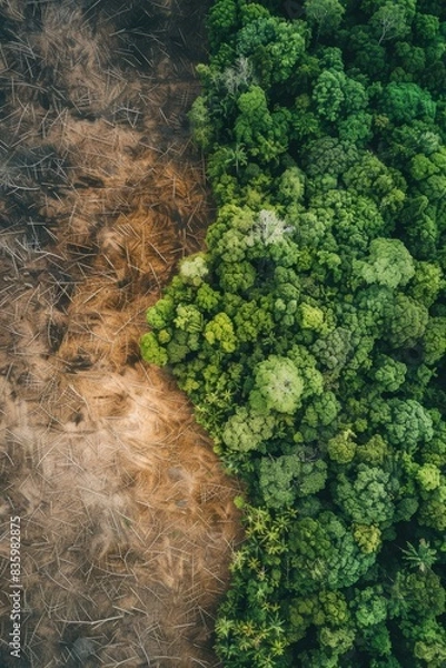 Obraz A dramatic aerial view of deforestation contrasting lush green rainforest and barren land, highlighting environmental impact and ecological imbalance.