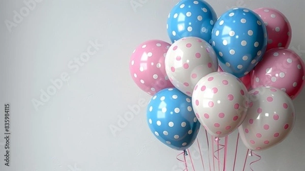 Fototapeta A cluster of pink and blue polka dot balloons against a white background. Perfect for birthday or celebration themes.