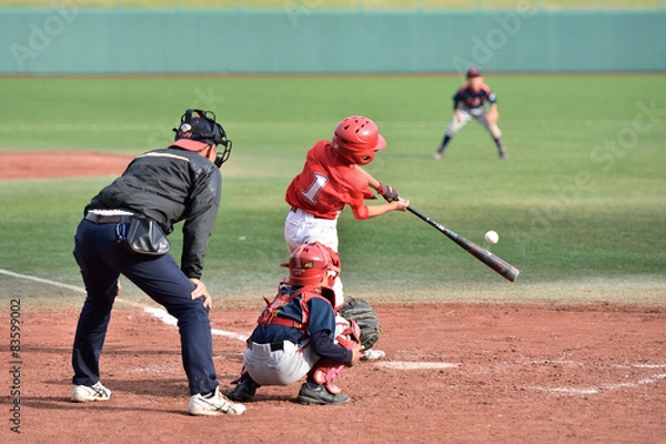 Fototapeta 少年野球の試合でヒットを打つバッター